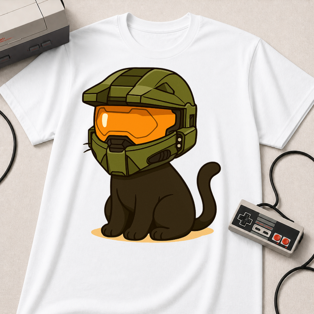 Cute Gamer Cat T‑Shirt | Black Cat Wearing Spartan Helmet Tee