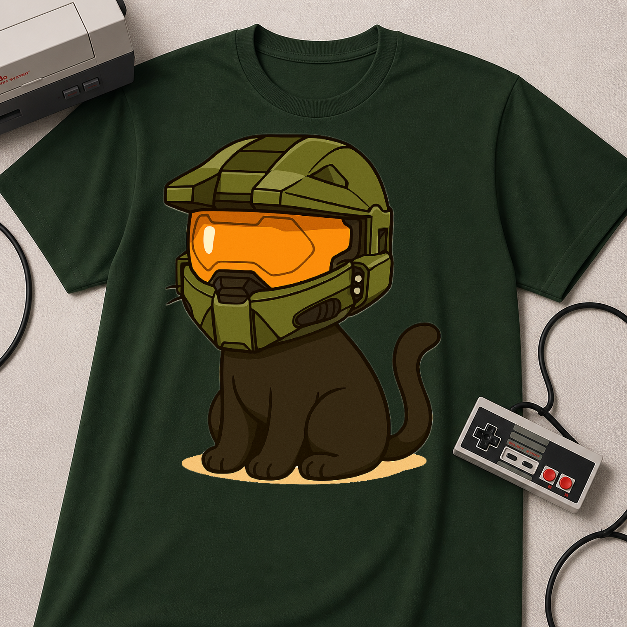 Cute Gamer Cat T‑Shirt | Black Cat Wearing Spartan Helmet Tee