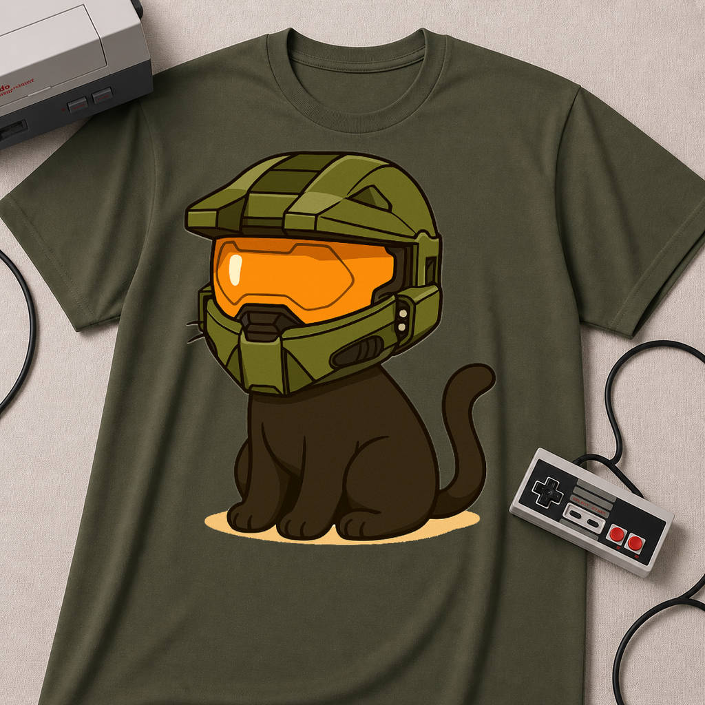 Cute Gamer Cat T‑Shirt | Black Cat Wearing Spartan Helmet Tee