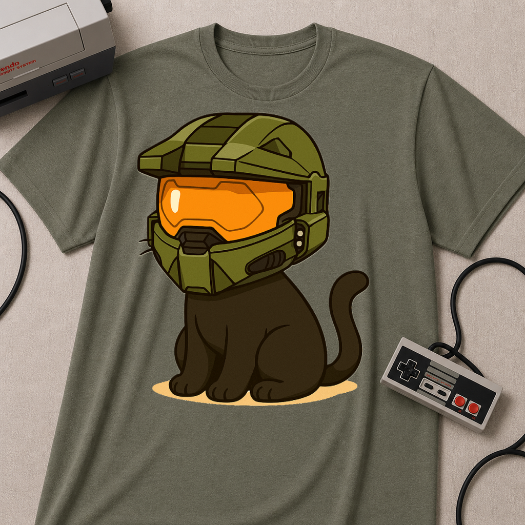 Cute Gamer Cat T‑Shirt | Black Cat Wearing Spartan Helmet Tee