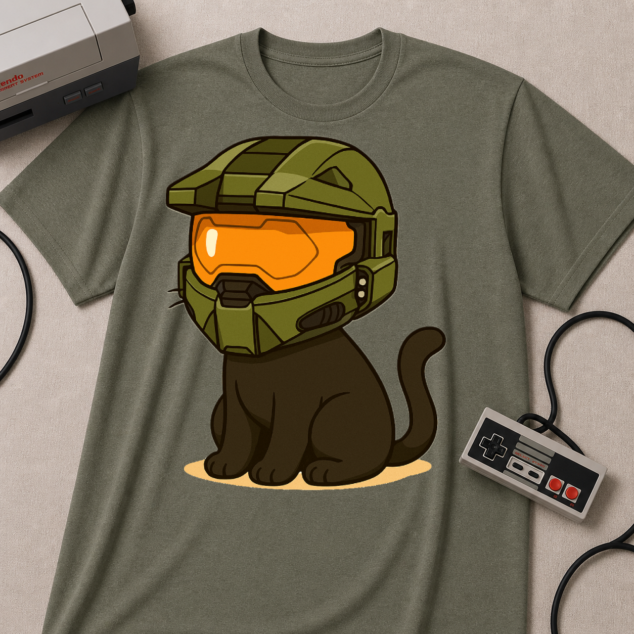 Cute Gamer Cat T‑Shirt | Black Cat Wearing Spartan Helmet Tee