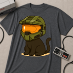 Cute Gamer Cat T‑Shirt | Black Cat Wearing Spartan Helmet Tee