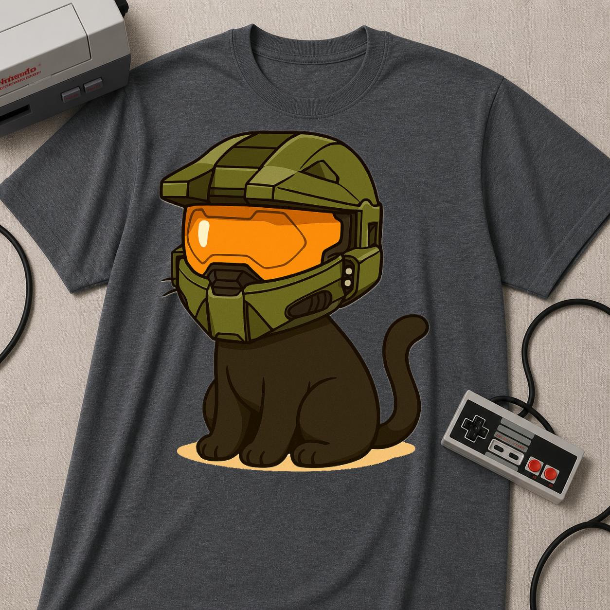 Cute Gamer Cat T‑Shirt | Black Cat Wearing Spartan Helmet Tee