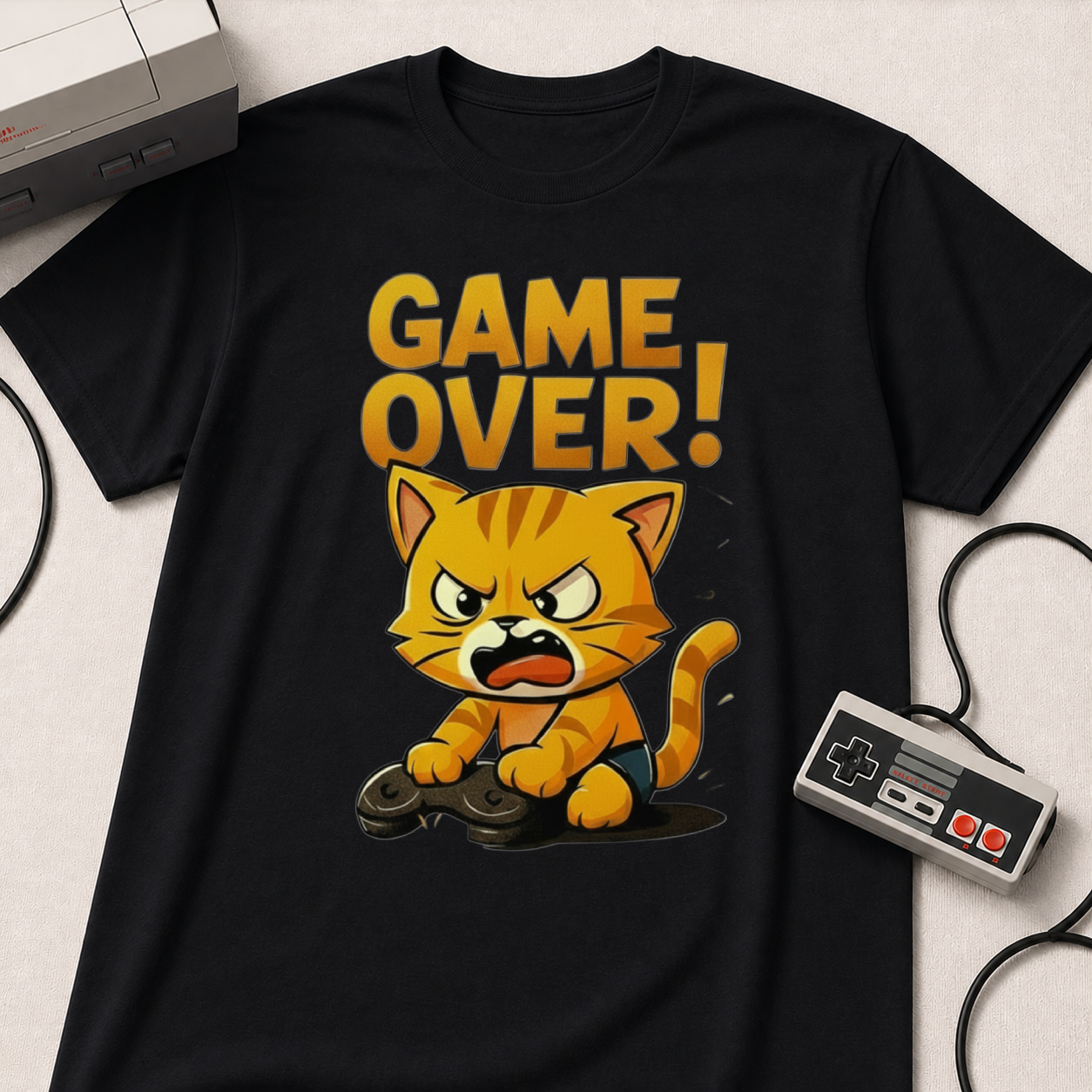 Angry Game Over Gamer Cat T-Shirt | Retro Gaming Graphic