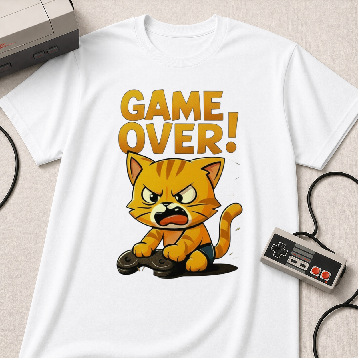 Angry Game Over Gamer Cat T-Shirt | Retro Gaming Graphic