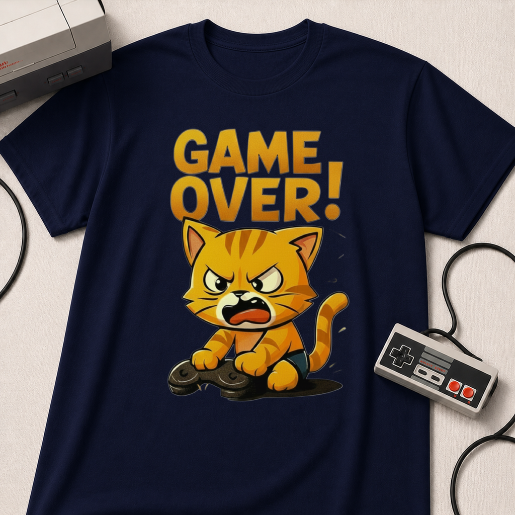 Angry Game Over Gamer Cat T-Shirt | Retro Gaming Graphic
