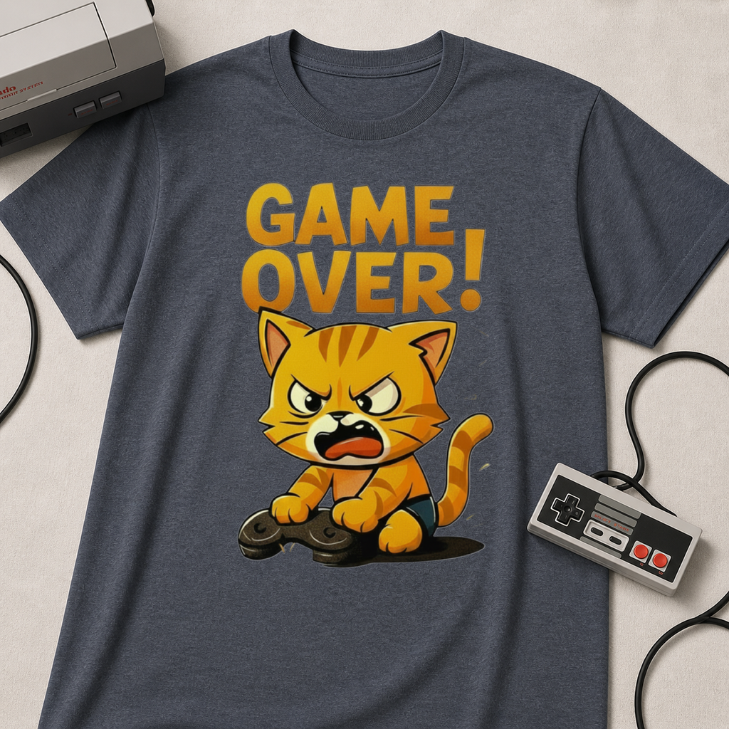 Angry Game Over Gamer Cat T-Shirt | Retro Gaming Graphic