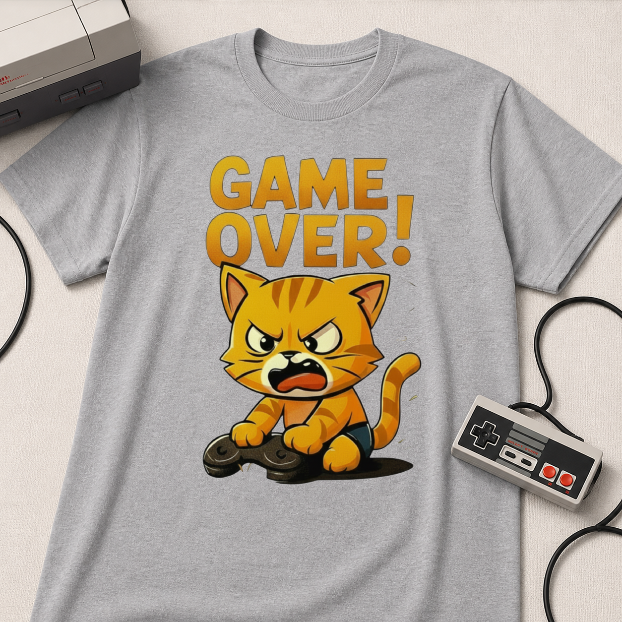 Angry Game Over Gamer Cat T-Shirt | Retro Gaming Graphic