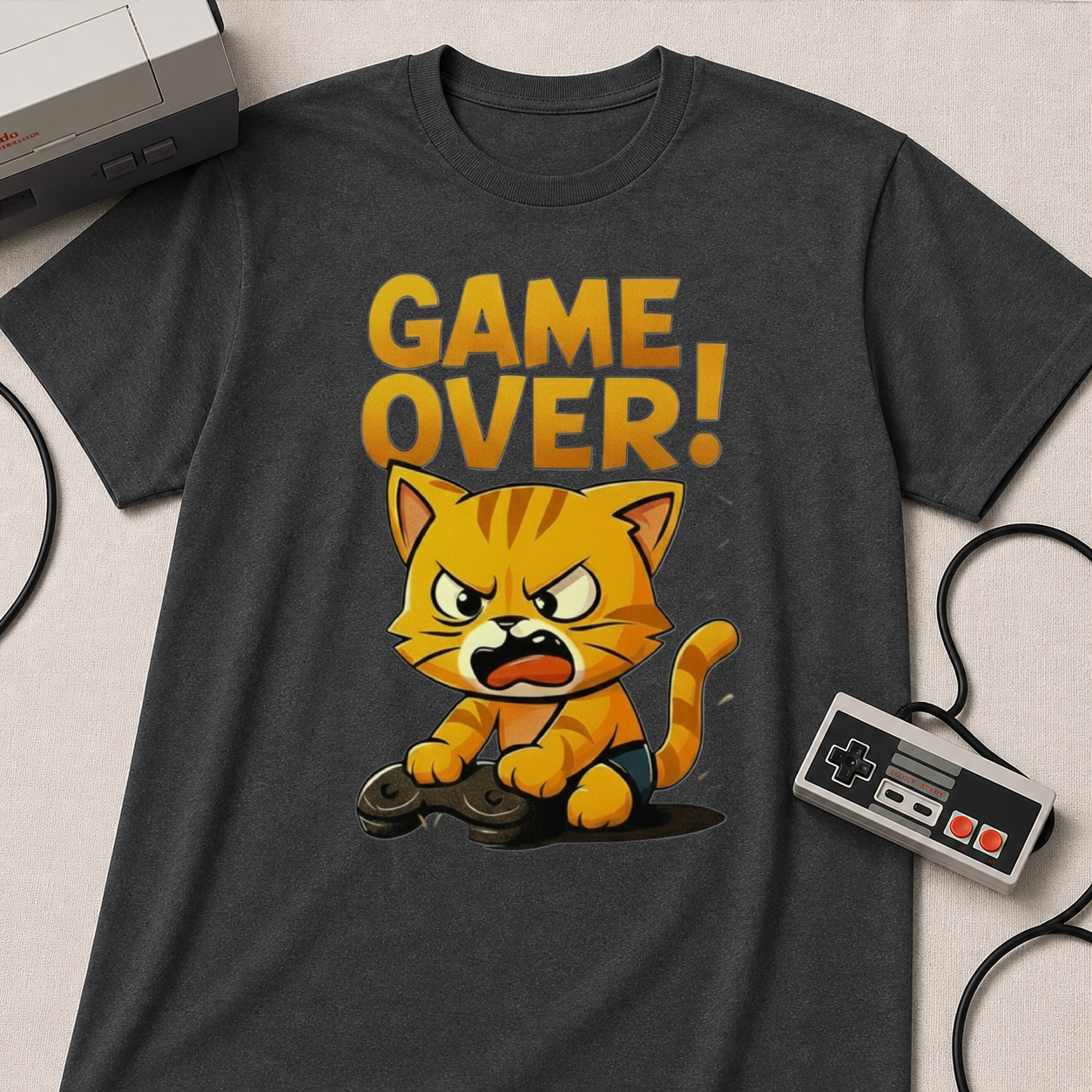 Angry Game Over Gamer Cat T-Shirt | Retro Gaming Graphic