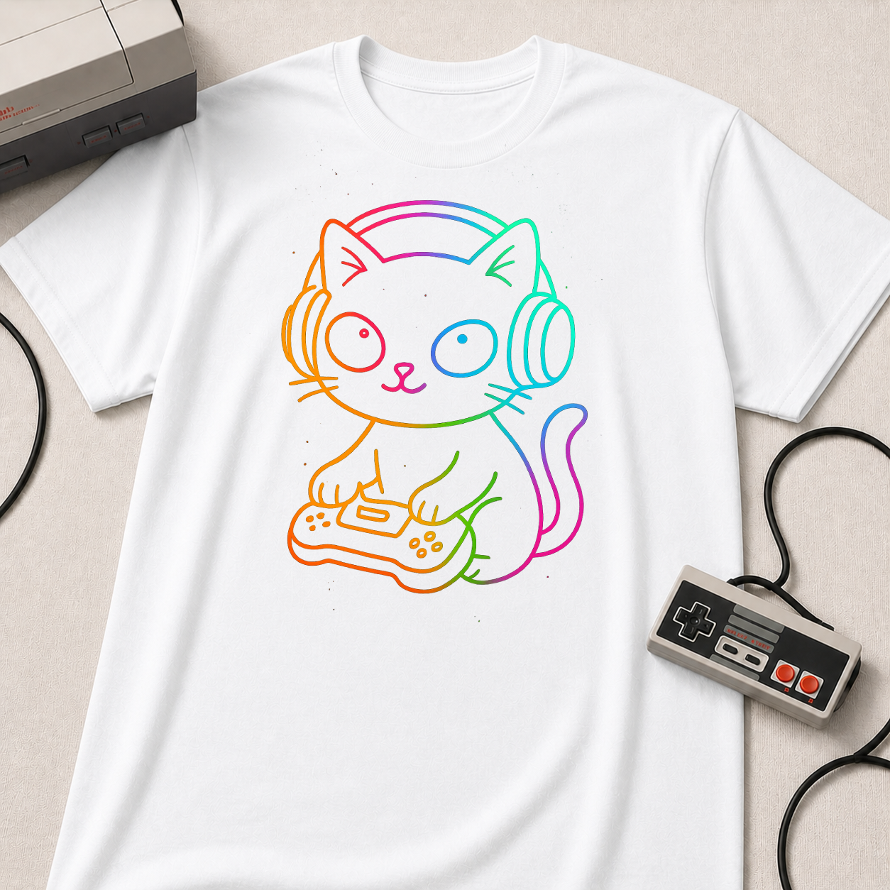 Rainbow Gamer Cat T-Shirt | Cute Kitty with Headphones & Controller