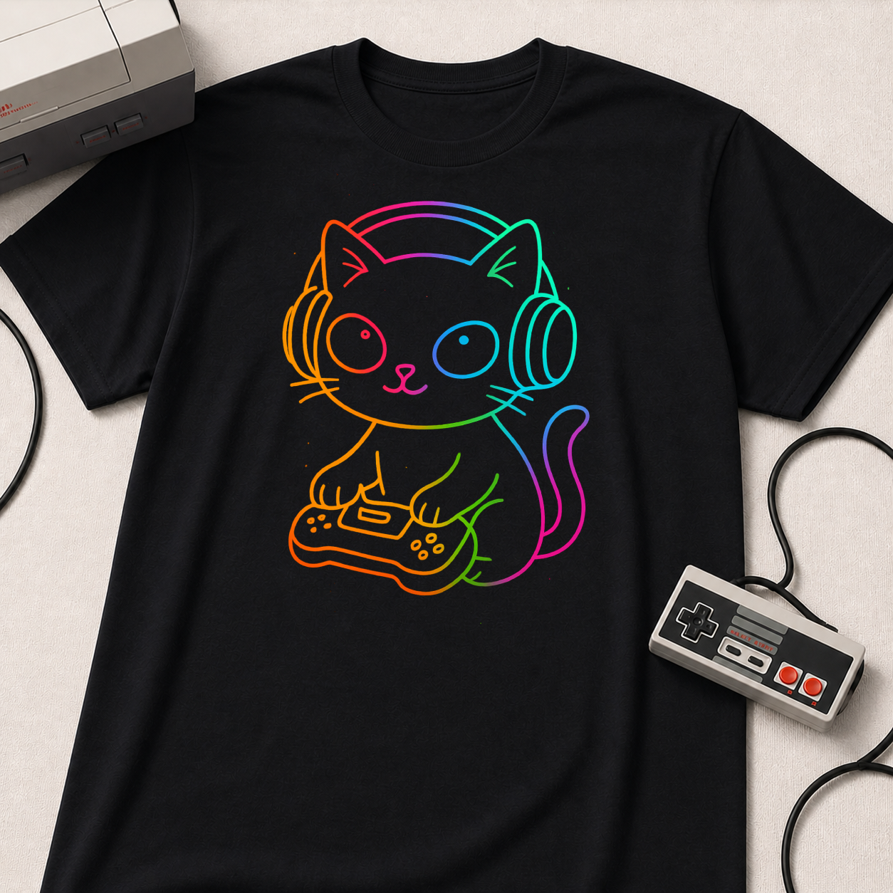 Rainbow Gamer Cat T-Shirt | Cute Kitty with Headphones & Controller