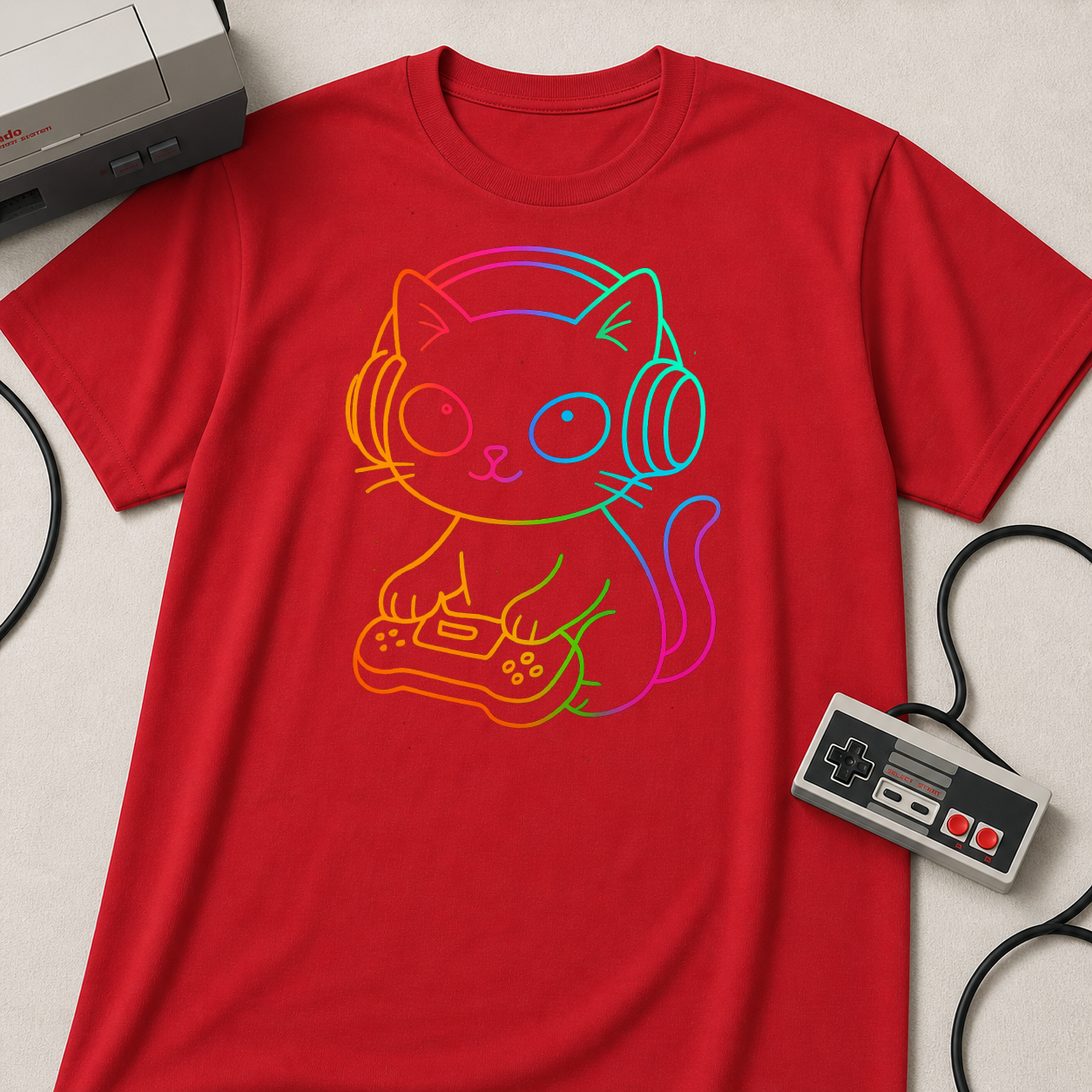 Rainbow Gamer Cat T-Shirt | Cute Kitty with Headphones & Controller