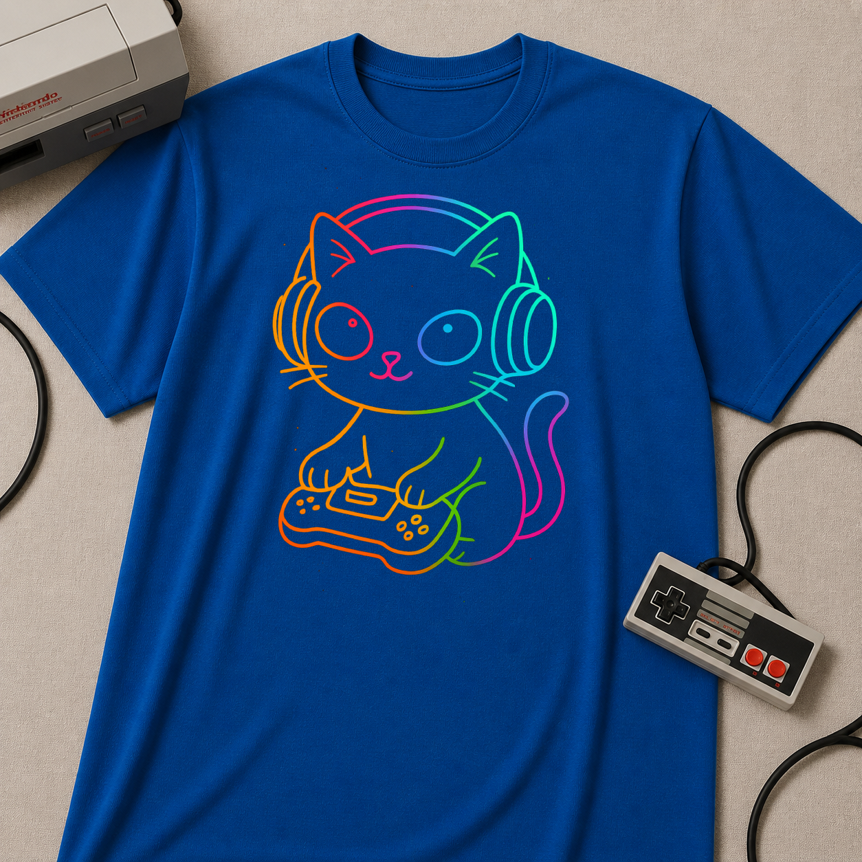 Rainbow Gamer Cat T-Shirt | Cute Kitty with Headphones & Controller