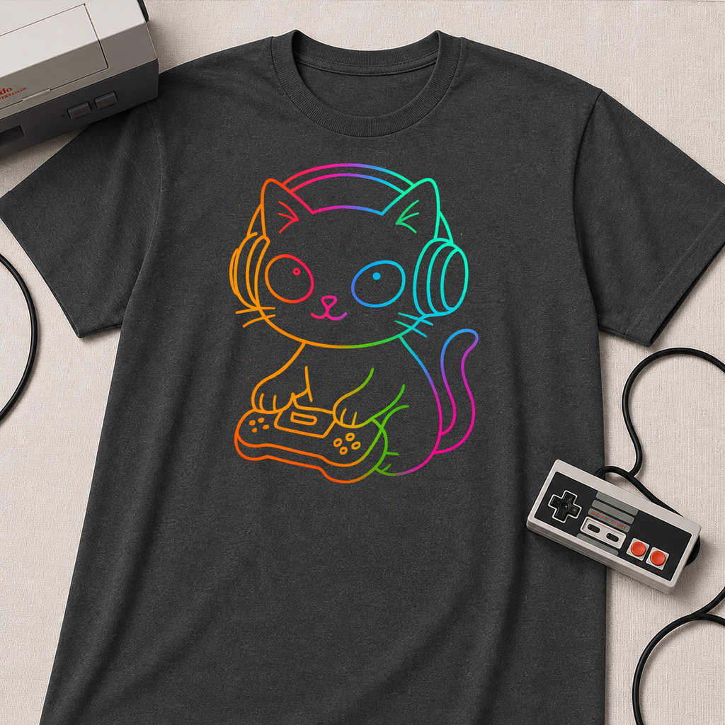 Rainbow Gamer Cat T-Shirt | Cute Kitty with Headphones & Controller
