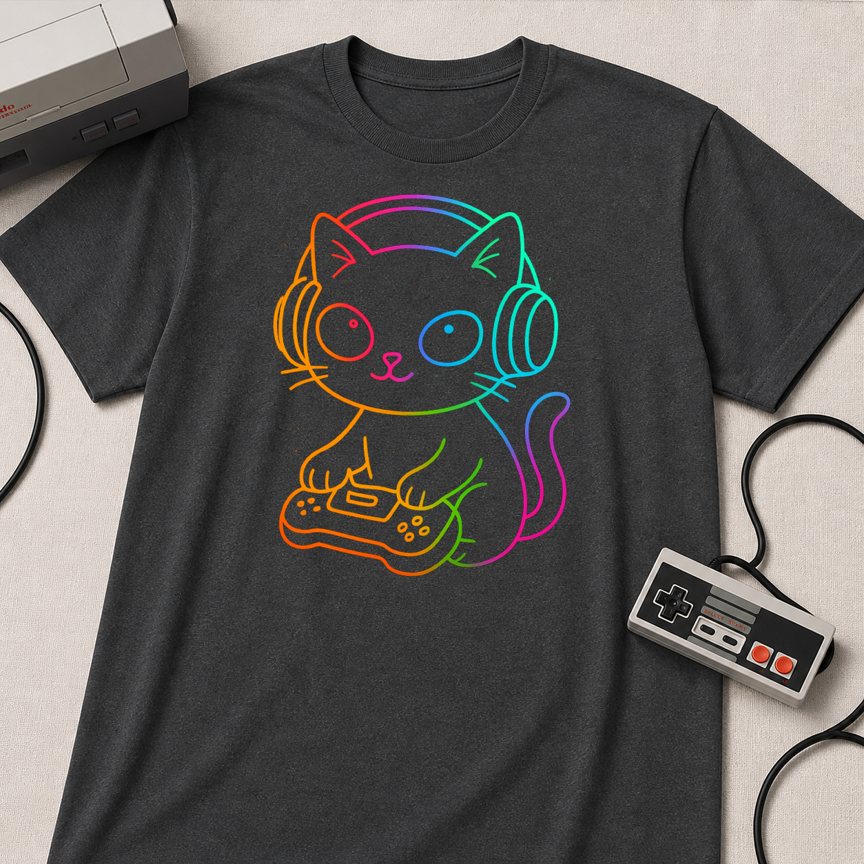 Rainbow Gamer Cat T-Shirt | Cute Kitty with Headphones & Controller