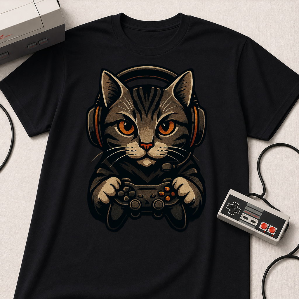 Gaming Cat Holding Controller T-Shirt | Cat Gamer Graphic Tee