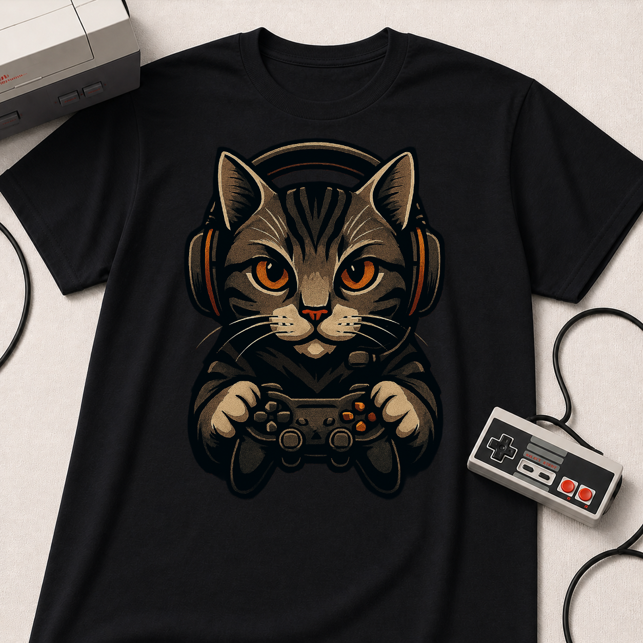 Gaming Cat Holding Controller T-Shirt | Cat Gamer Graphic Tee