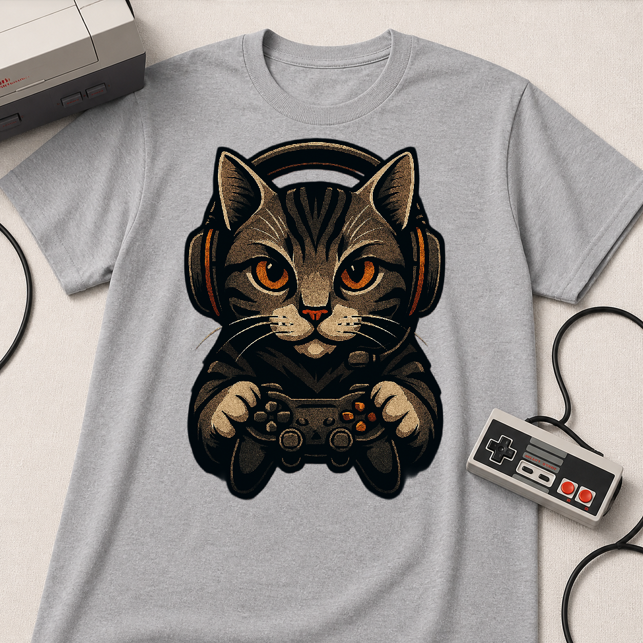Gaming Cat Holding Controller T-Shirt | Cat Gamer Graphic Tee