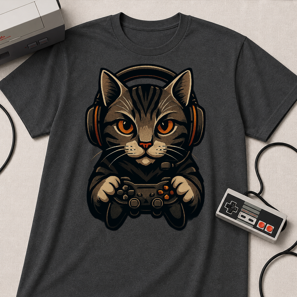 Gaming Cat Holding Controller T-Shirt | Cat Gamer Graphic Tee