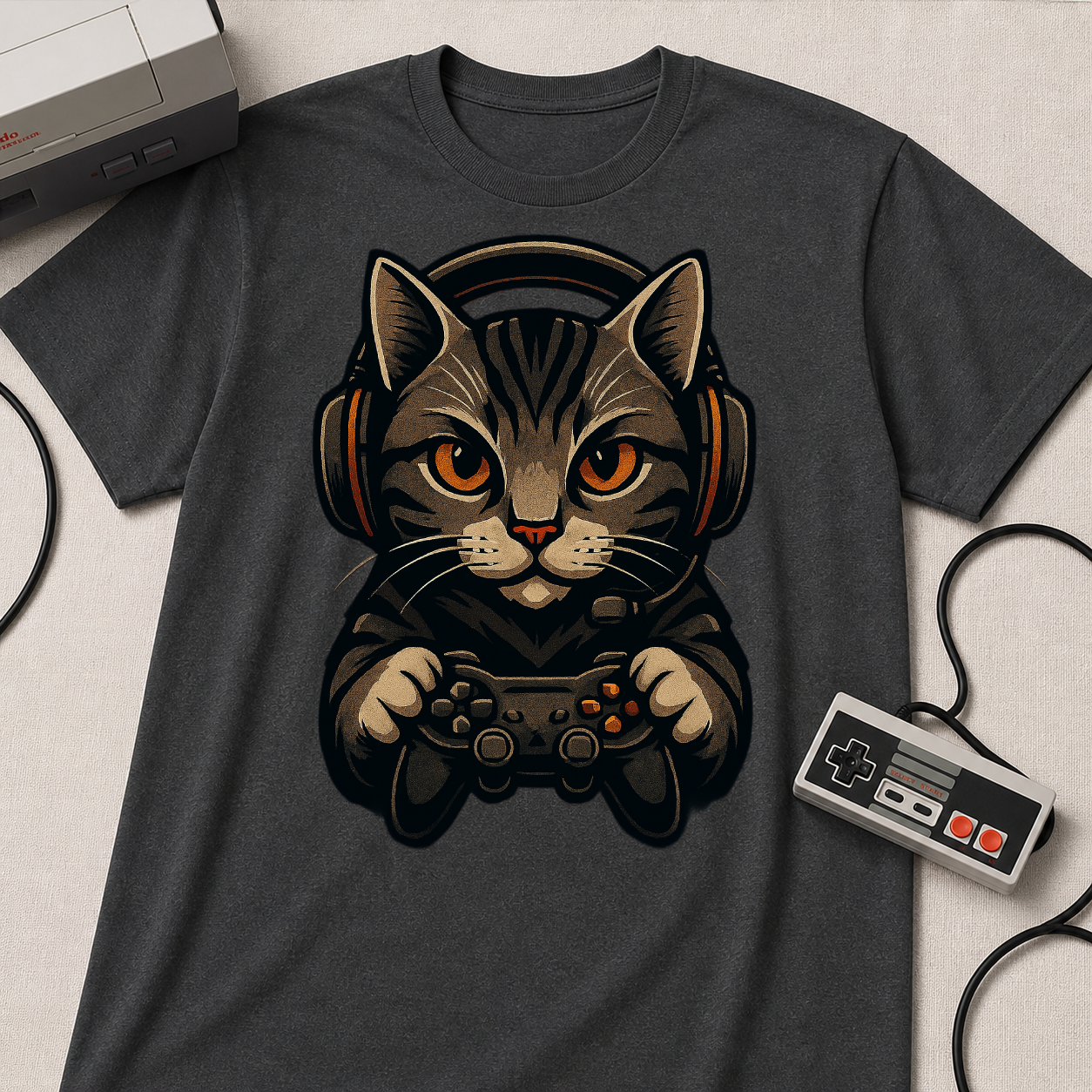 Gaming Cat Holding Controller T-Shirt | Cat Gamer Graphic Tee