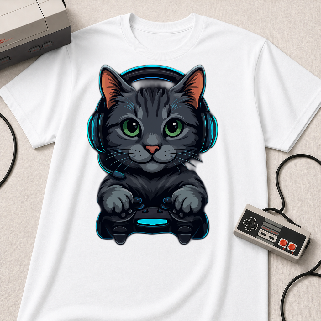 Gaming Cat Graphic T-Shirt | Cute Gamer Kitten Illustration