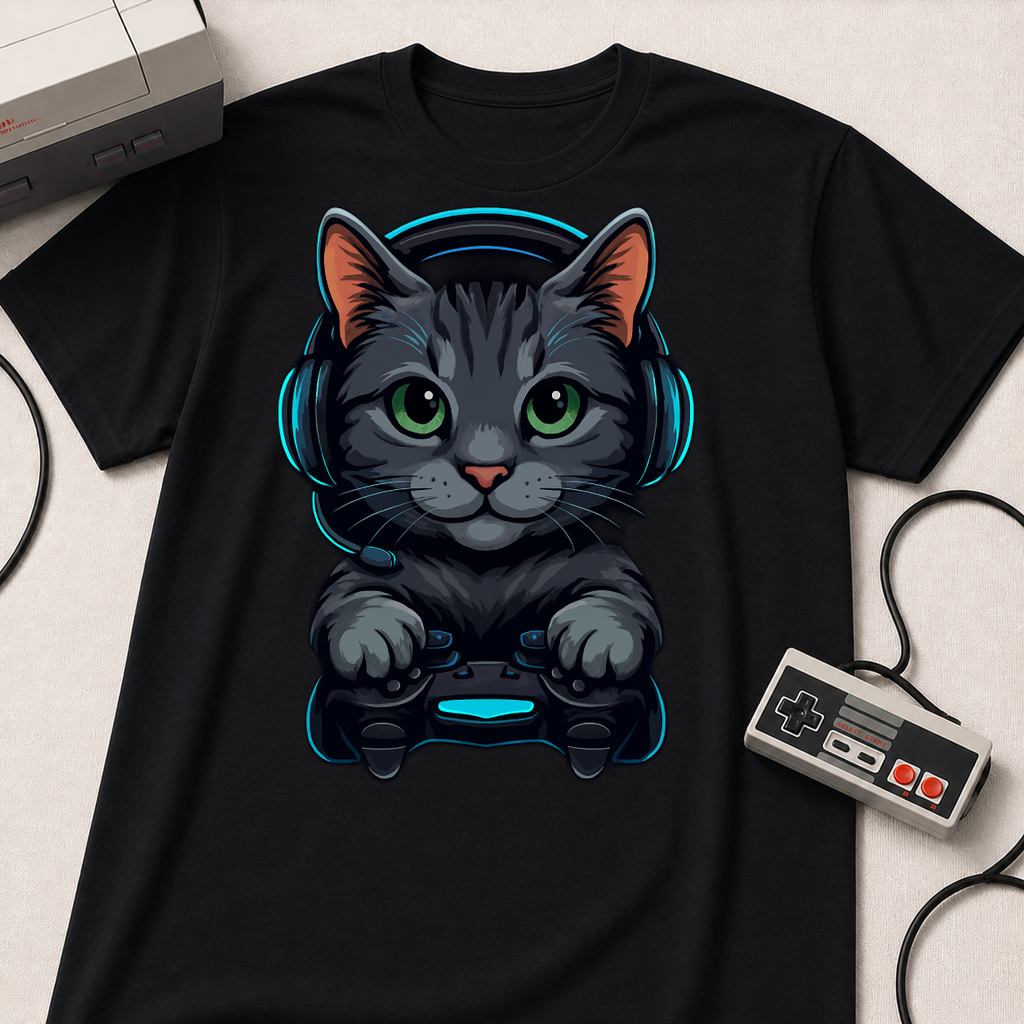 Gaming Cat Graphic T-Shirt | Cute Gamer Kitten Illustration