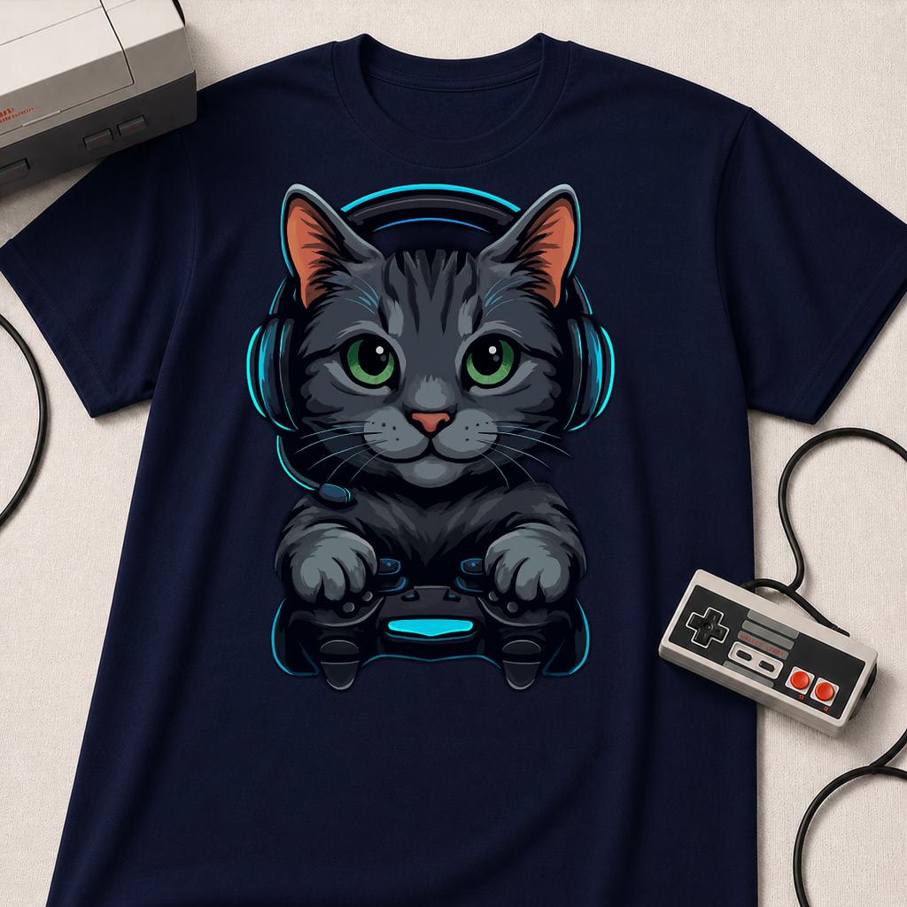 Gaming Cat Graphic T-Shirt | Cute Gamer Kitten Illustration