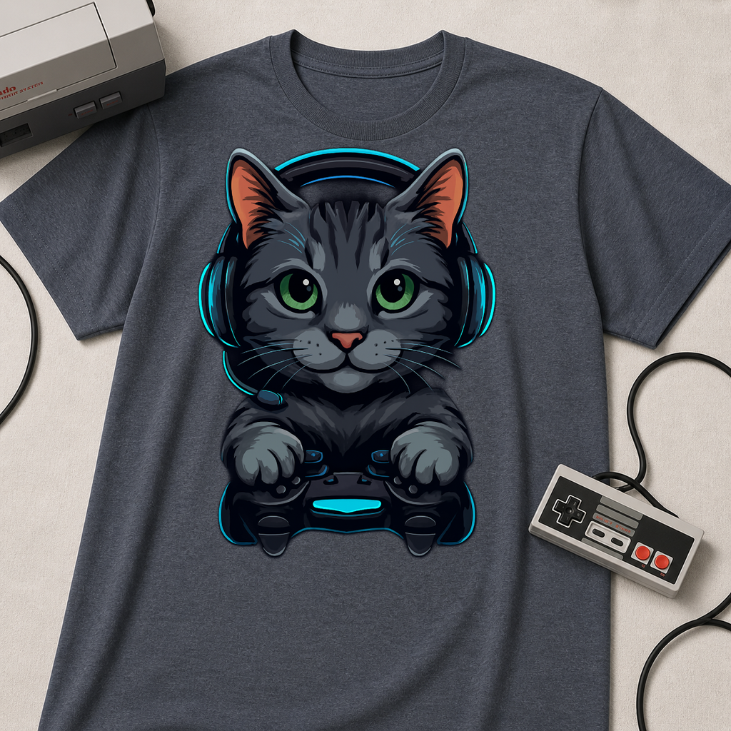 Gaming Cat Graphic T-Shirt | Cute Gamer Kitten Illustration