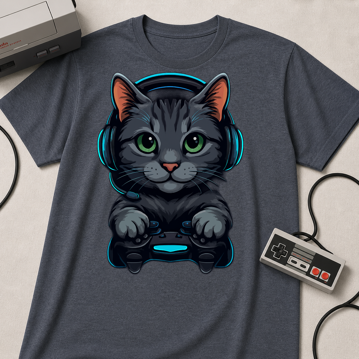 Gaming Cat Graphic T-Shirt | Cute Gamer Kitten Illustration