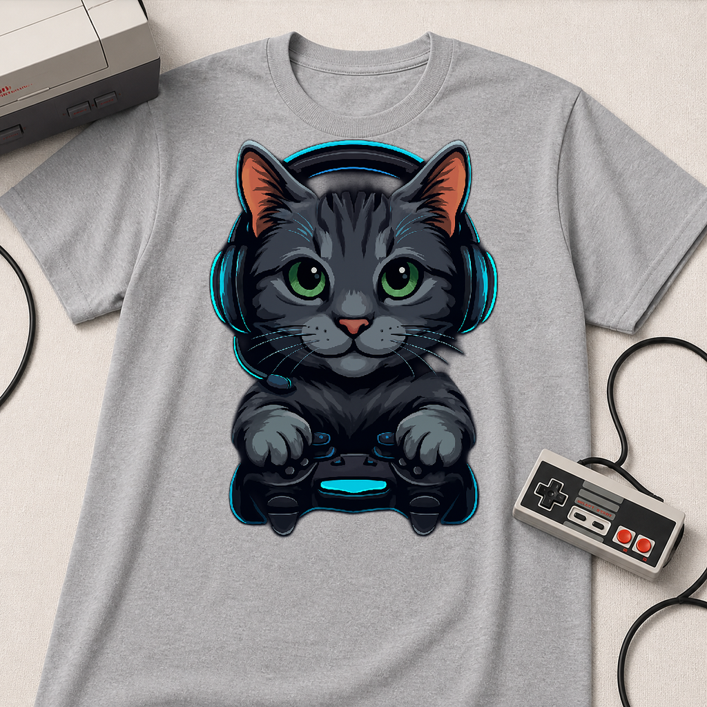 Gaming Cat Graphic T-Shirt | Cute Gamer Kitten Illustration