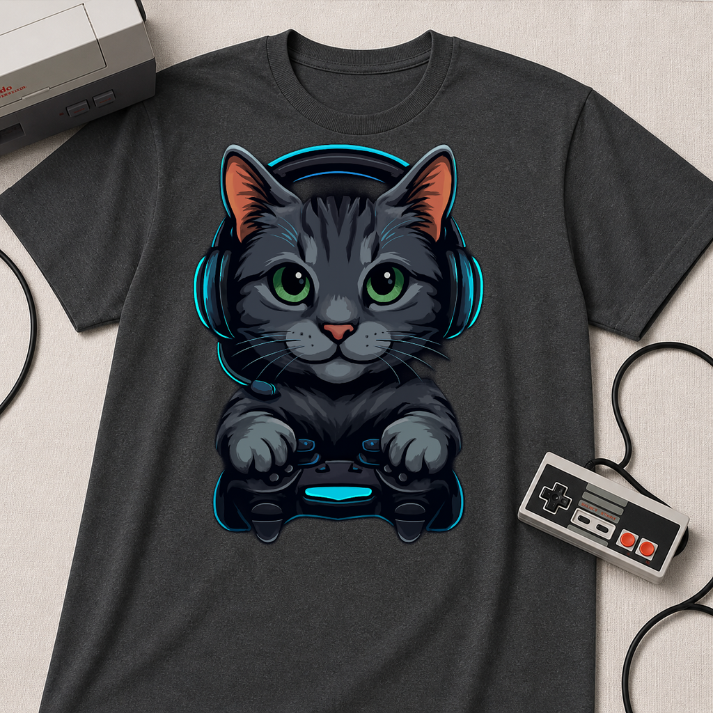 Gaming Cat Graphic T-Shirt | Cute Gamer Kitten Illustration