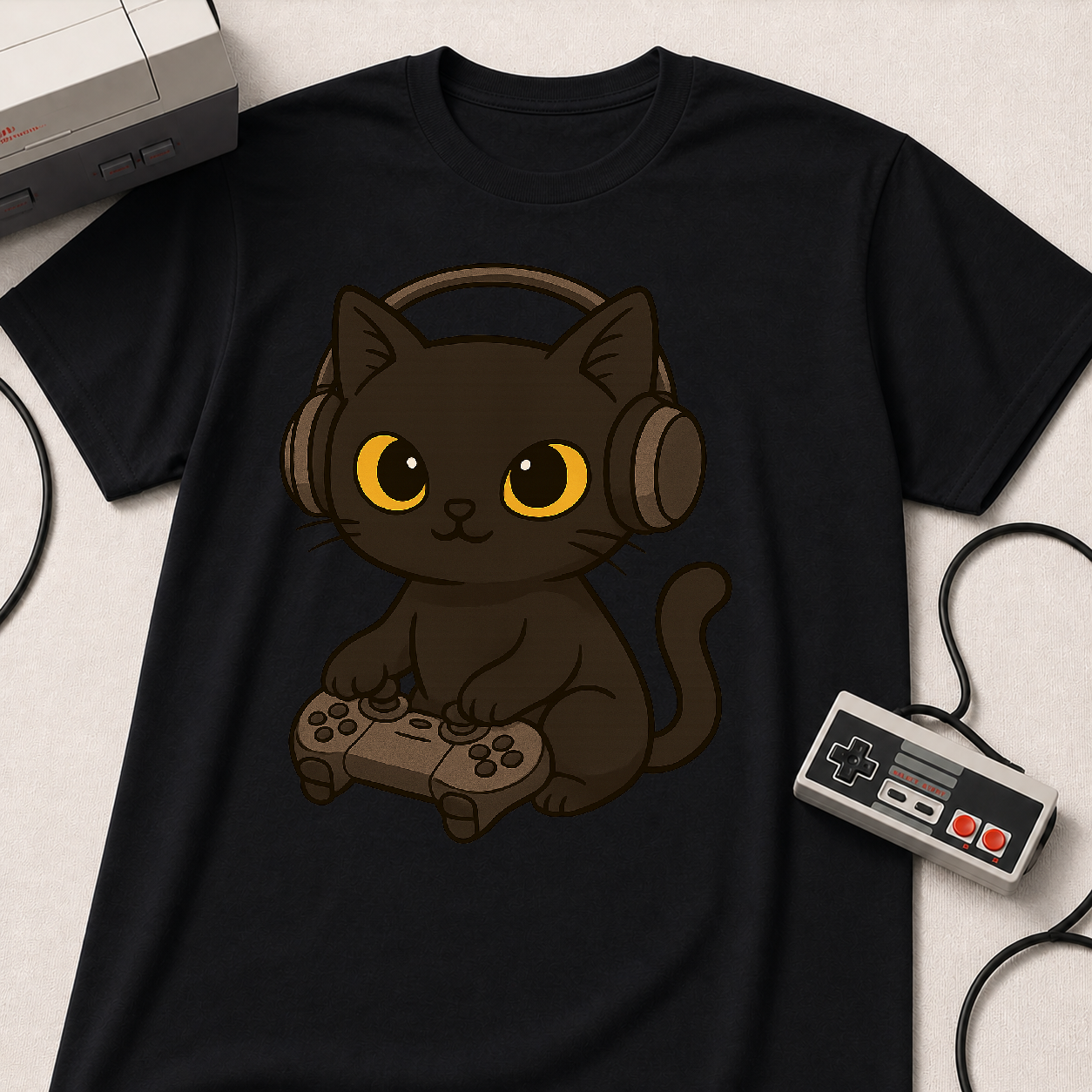 Gamer Cat T-Shirt | Cute Black Cat with Headset & Game Controller