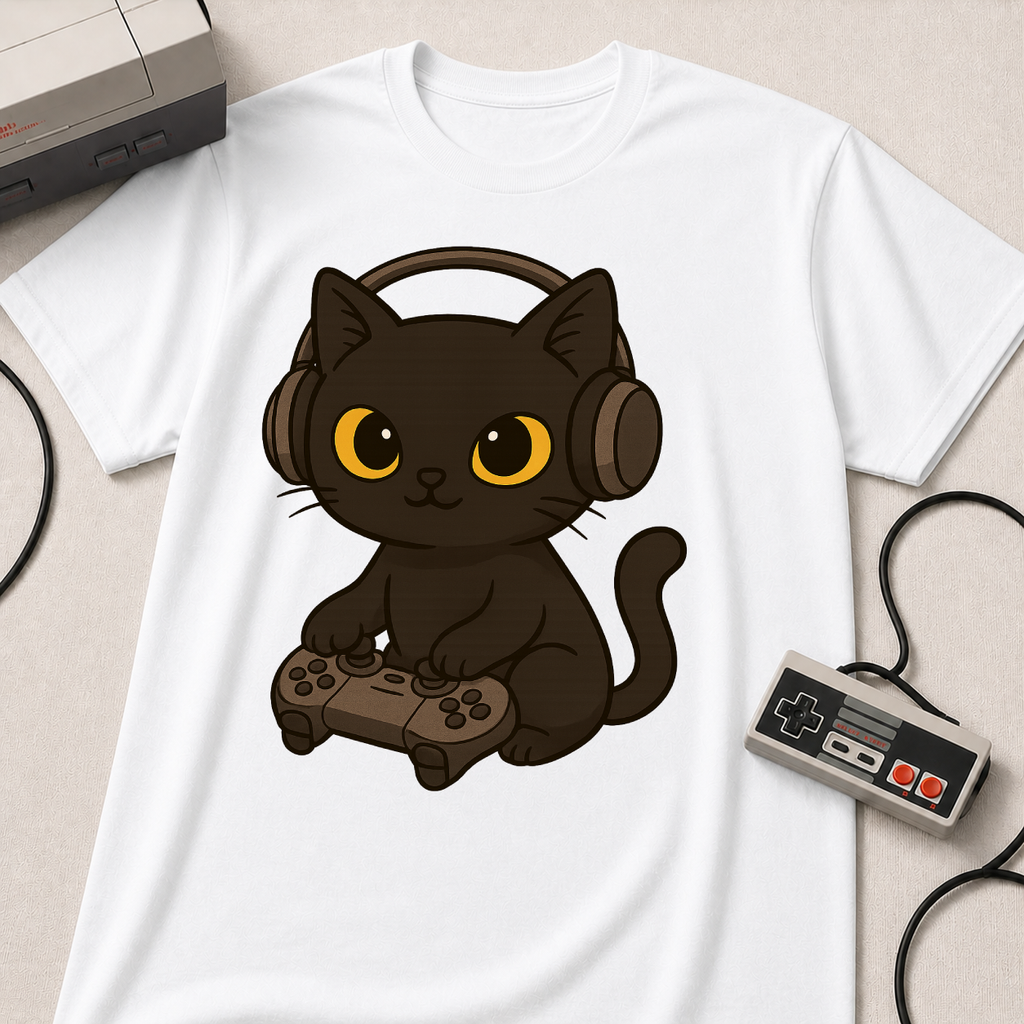 Gamer Cat T-Shirt | Cute Black Cat with Headset & Game Controller