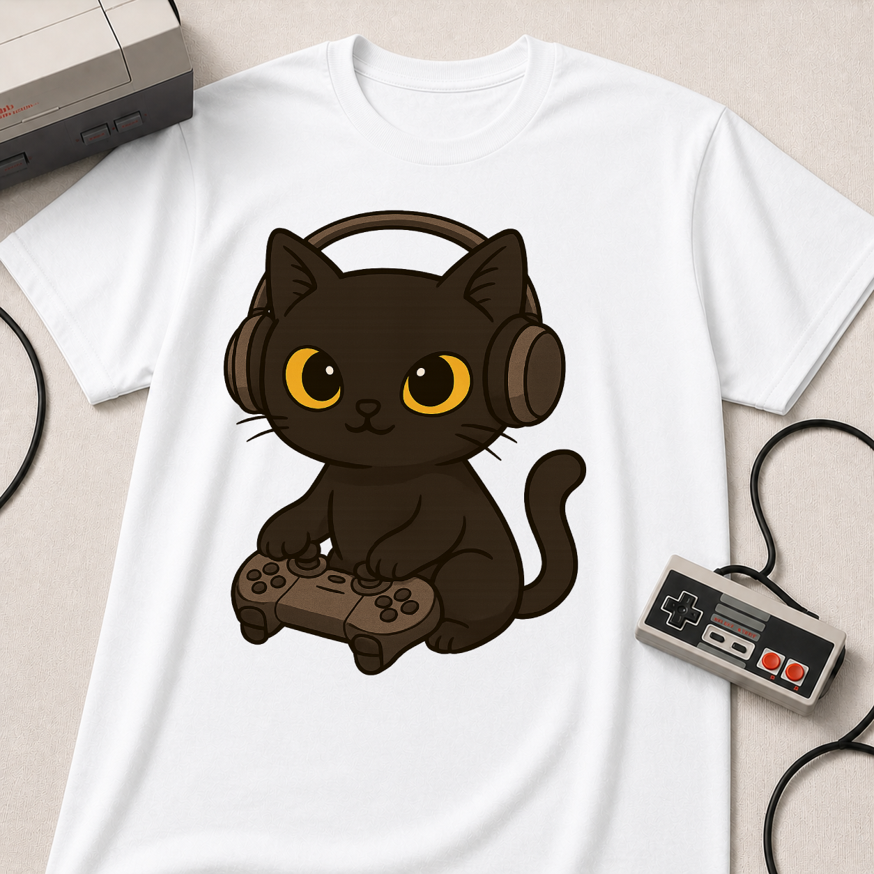 Gamer Cat T-Shirt | Cute Black Cat with Headset & Game Controller