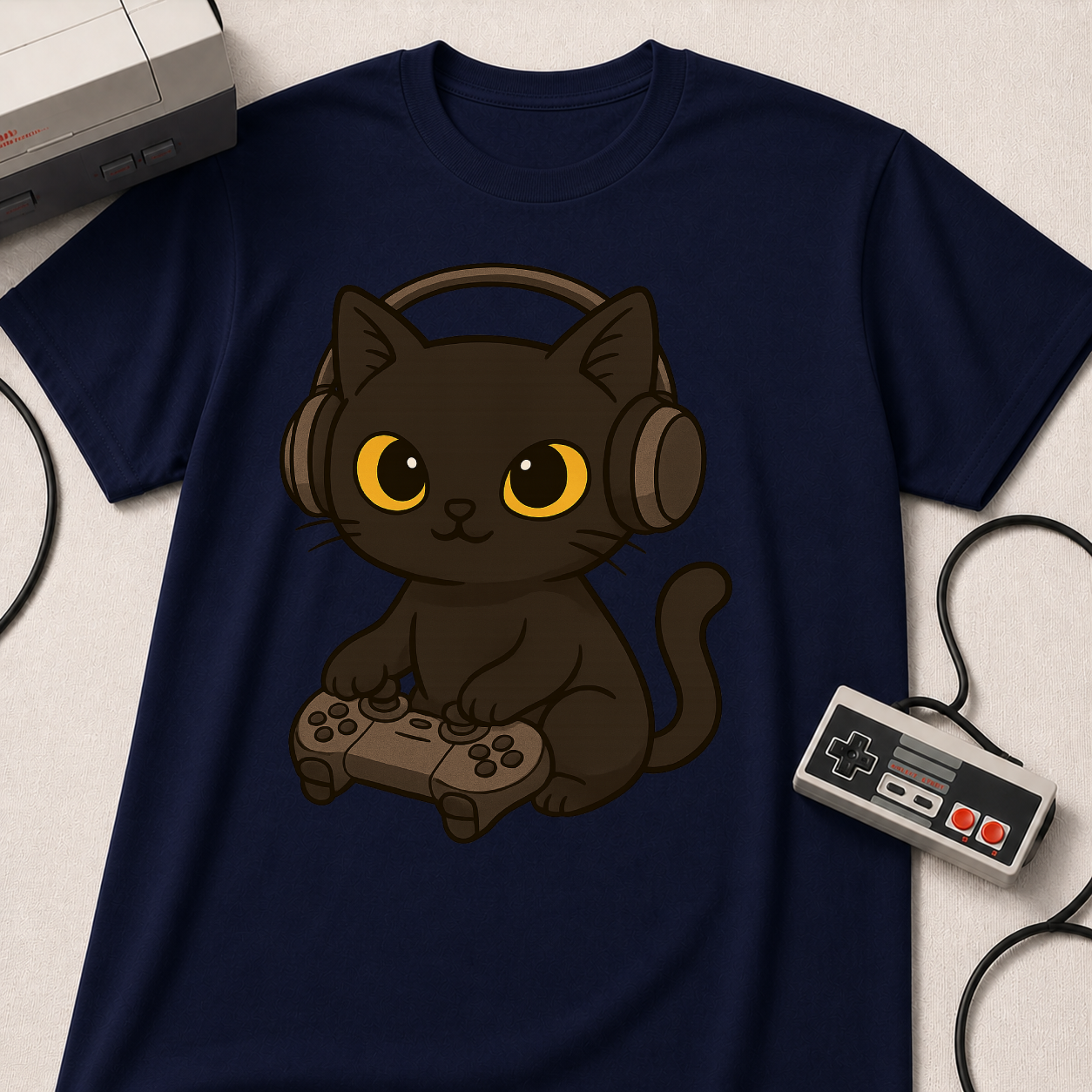 Gamer Cat T-Shirt | Cute Black Cat with Headset & Game Controller