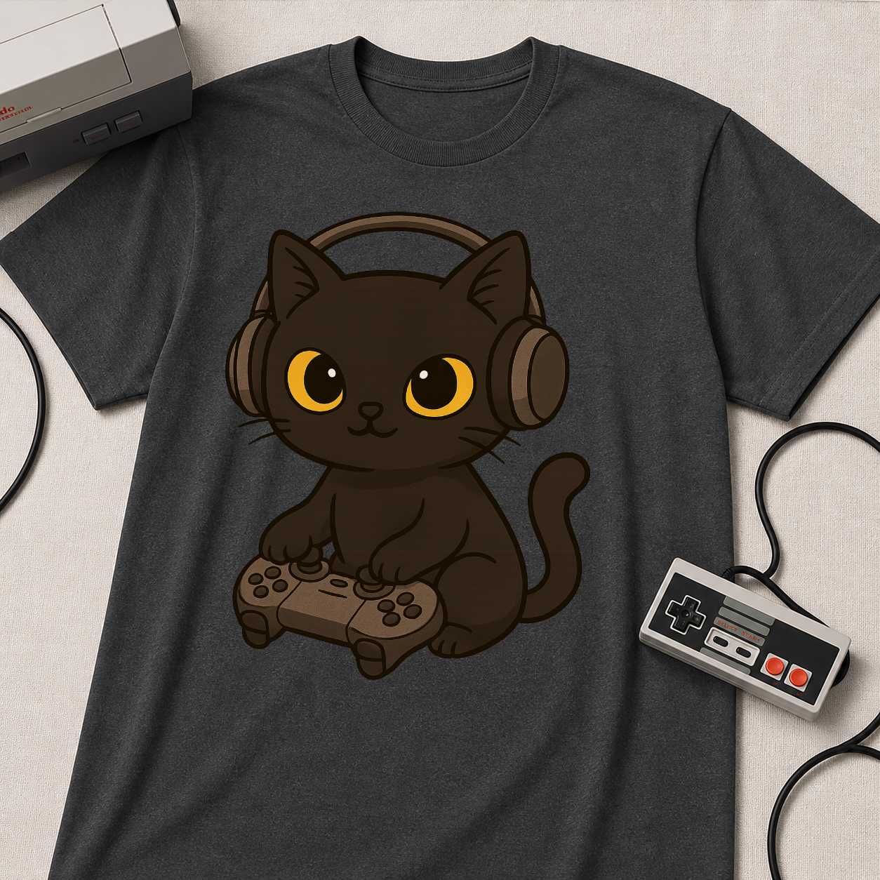 Gamer Cat T-Shirt | Cute Black Cat with Headset & Game Controller
