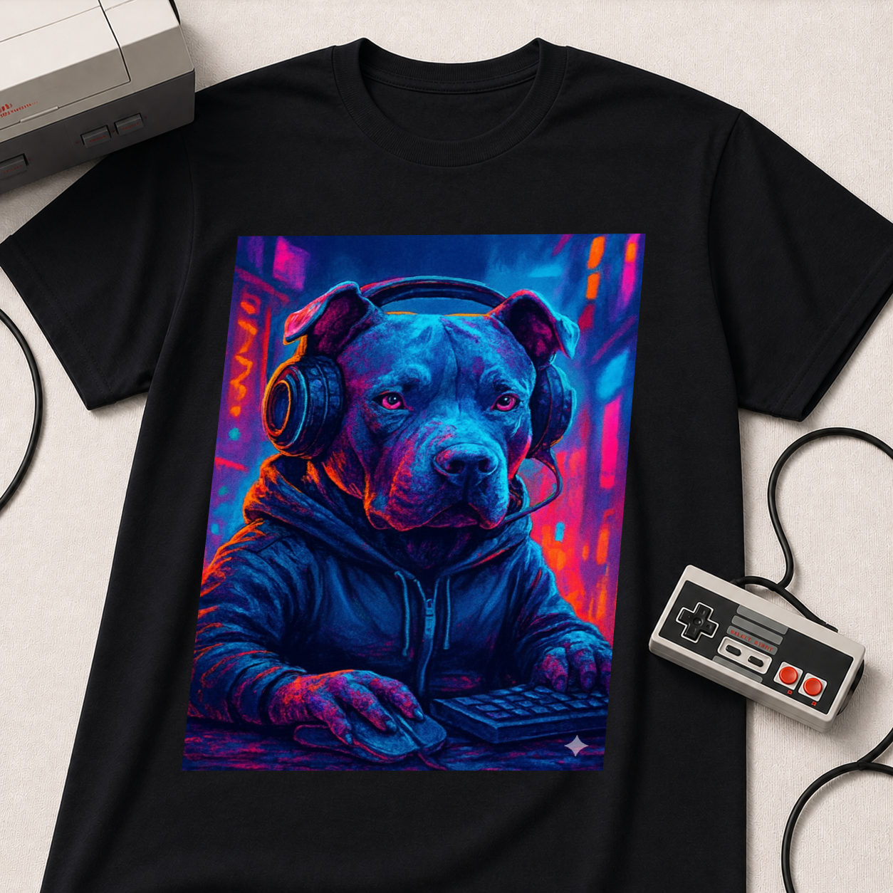 Cyberpunk Pitbull T-Shirt | Neon Gamer Dog Tee