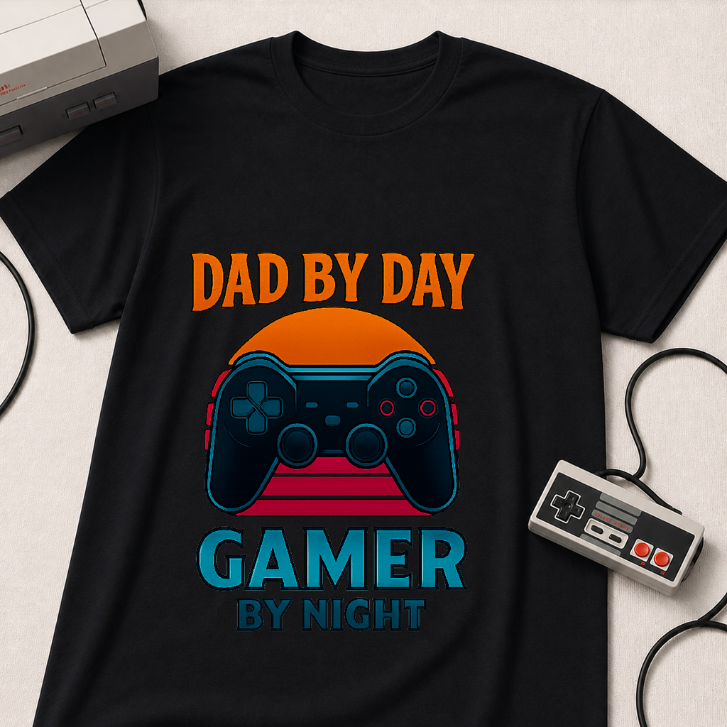 Dad By Day Gamer By Night T-Shirt | Retro Controller Gaming Tee for Fathers