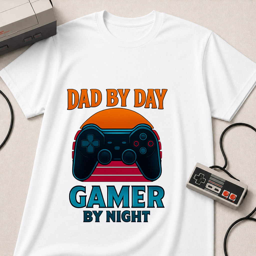 Dad By Day Gamer By Night T-Shirt | Retro Controller Gaming Tee for Fathers