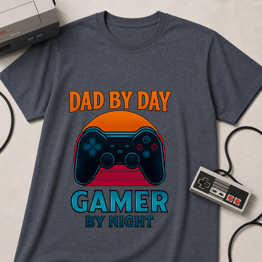 Dad By Day Gamer By Night T-Shirt | Retro Controller Gaming Tee for Fathers