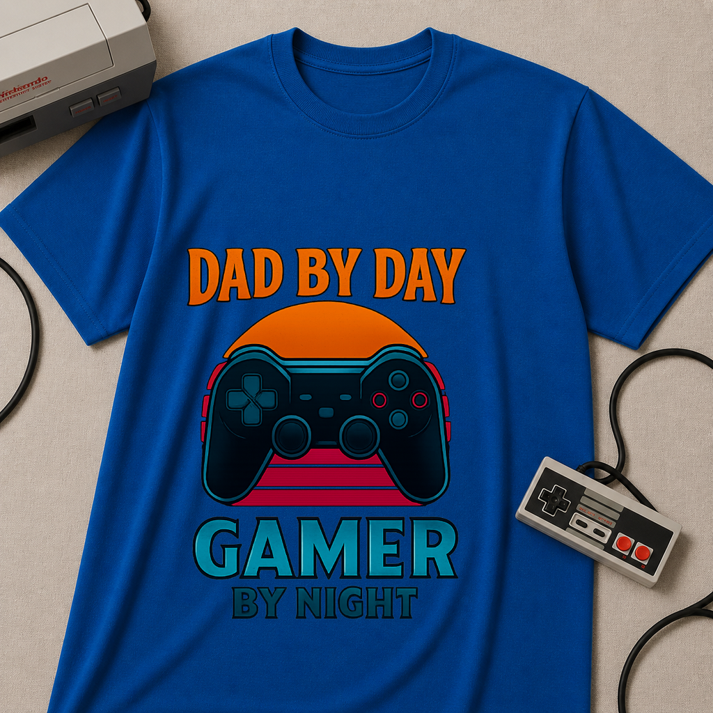 Dad By Day Gamer By Night T-Shirt | Retro Controller Gaming Tee for Fathers