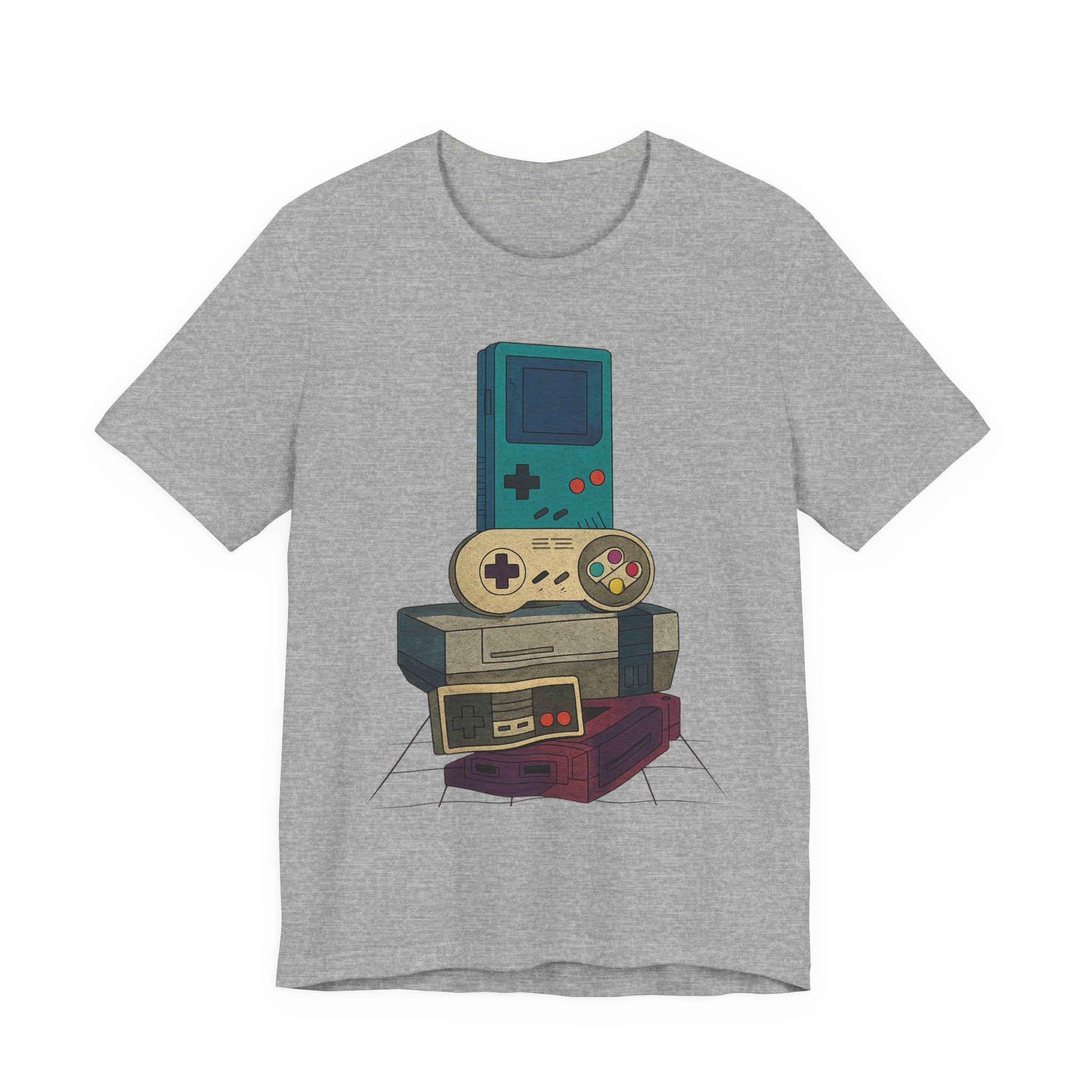 Retro Gaming Stack T-Shirt — Vintage Handheld & Console Graphic Tee