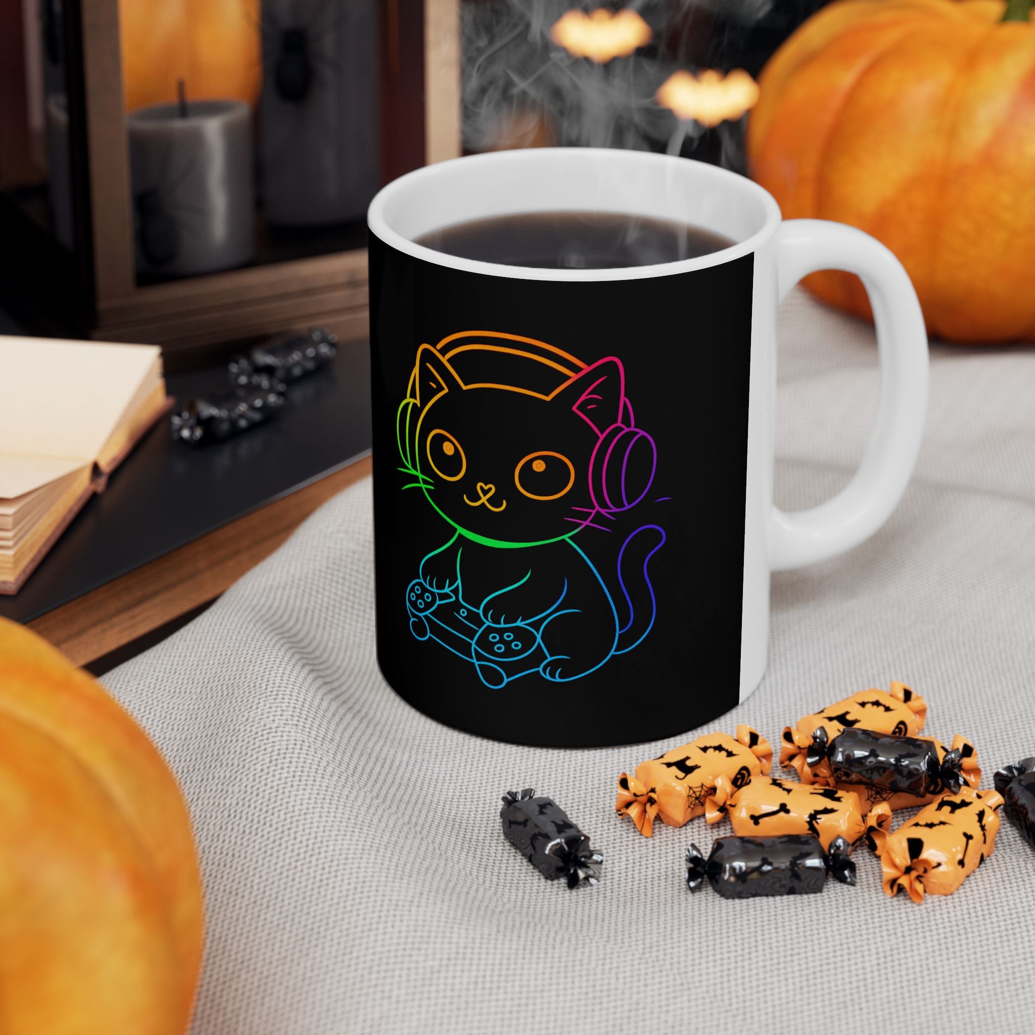 Neon Gamer Cat Mug | Rainbow Outline Cat with Headphones & Game Controller (11oz, 15oz)