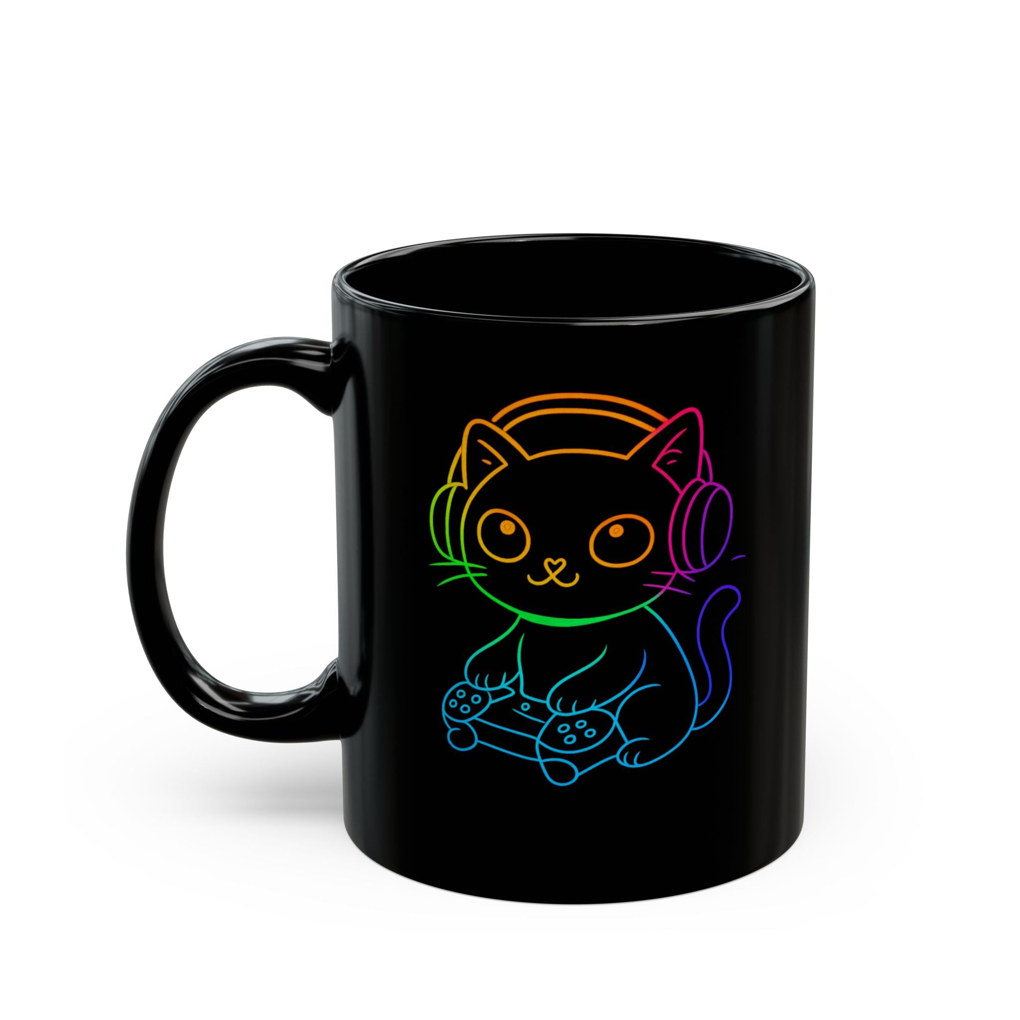 Neon Gamer Cat Mug | Black Ceramic Coffee Cup with Rainbow Cat Wearing Headphones 11oz