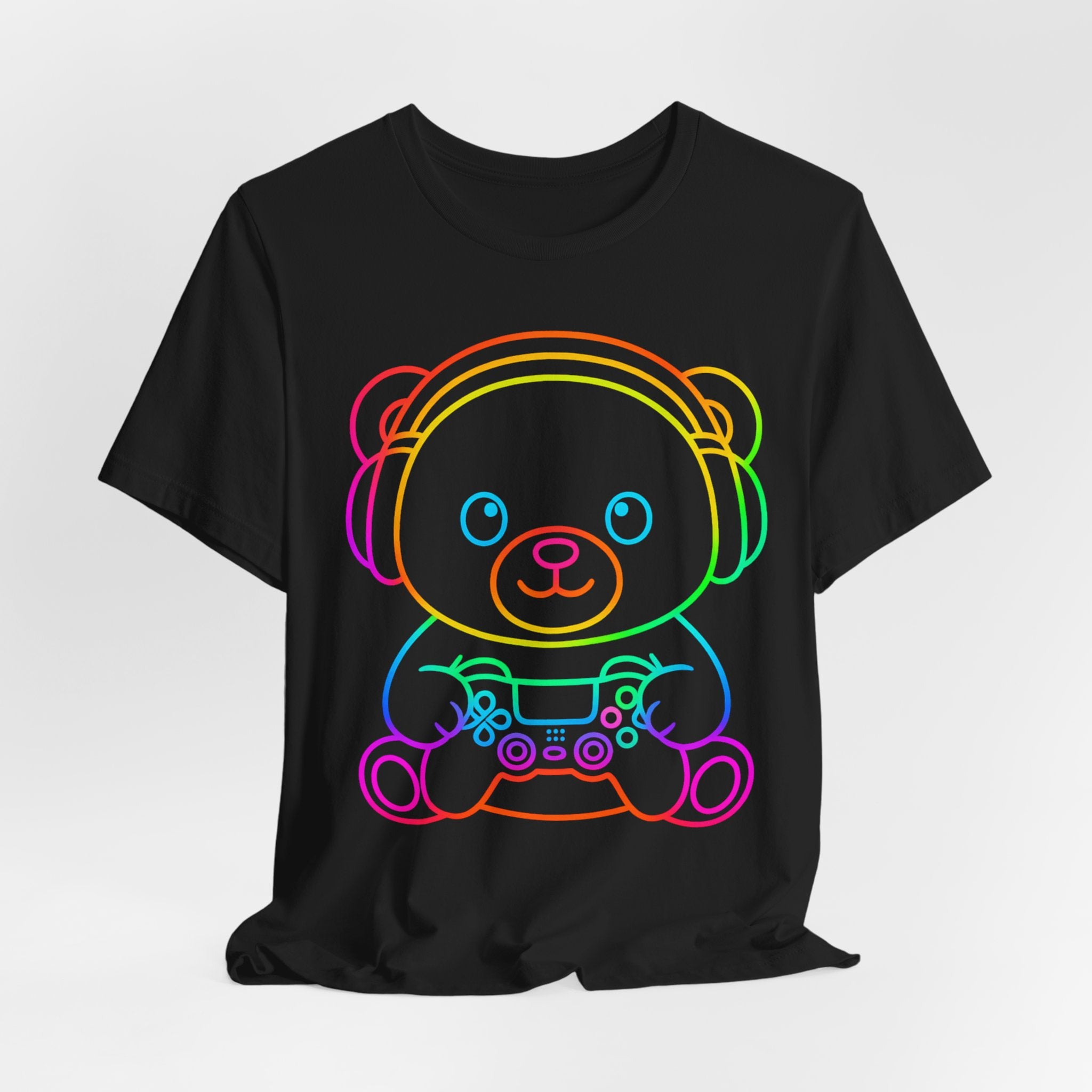 Gaming Bear Graphic Tee — Rainbow Cute Gamer Teddy Shirt