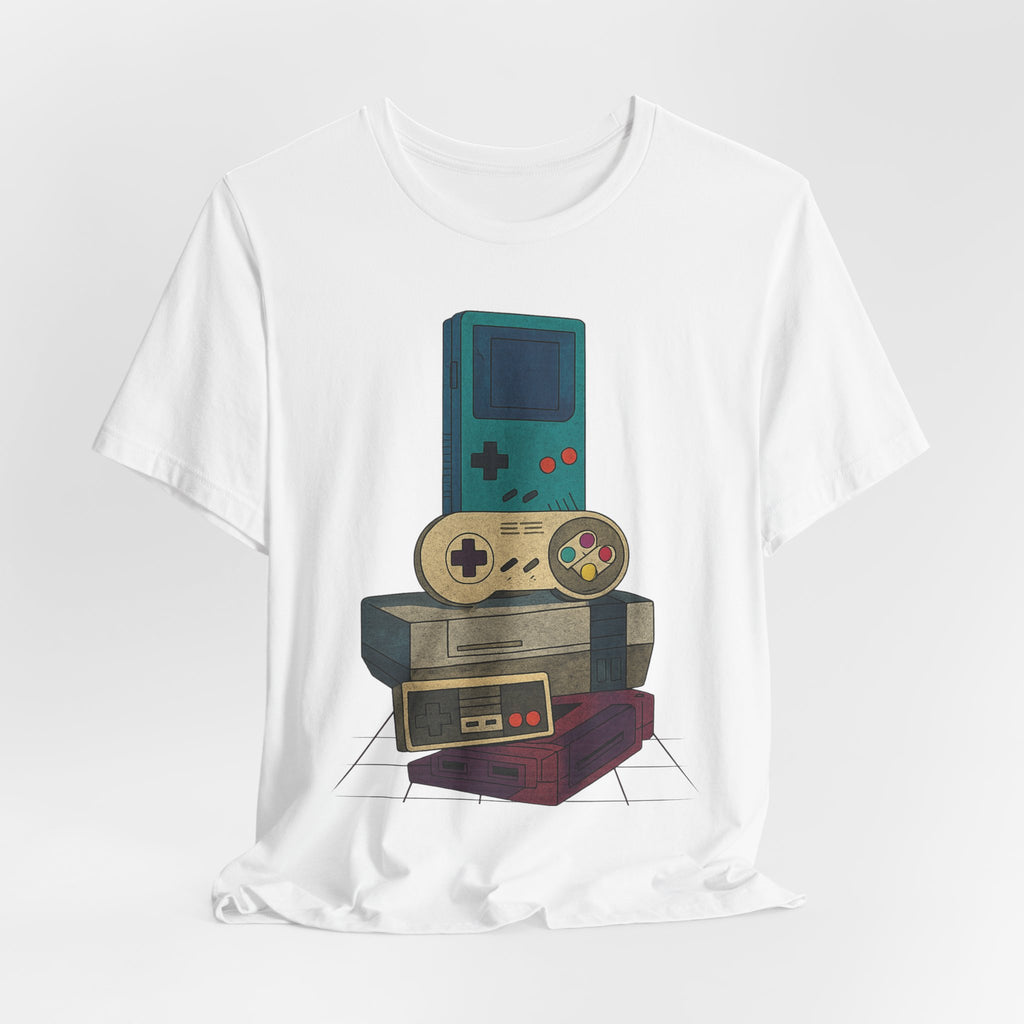 Retro Gaming Stack T-Shirt — Vintage Handheld & Console Graphic Tee