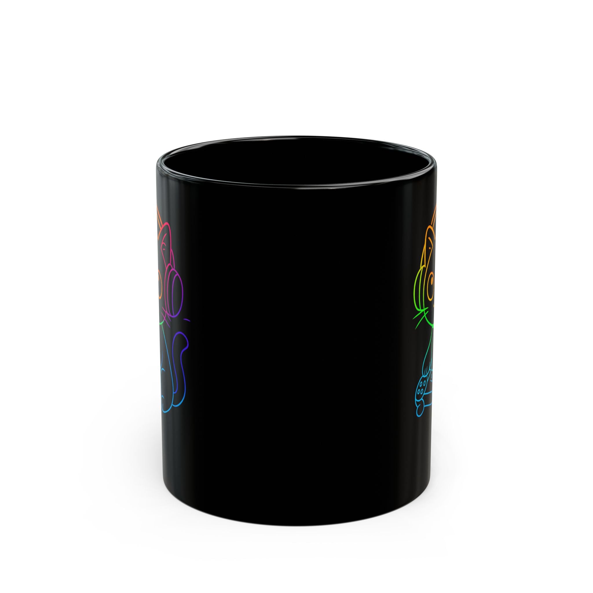Neon Gamer Cat Mug | Black Ceramic Coffee Cup with Rainbow Cat Wearing Headphones 11oz
