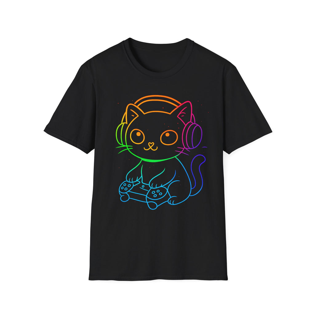 Rainbow Gamer Cat T-Shirt | Cute Kitty with Headphones & Controller
