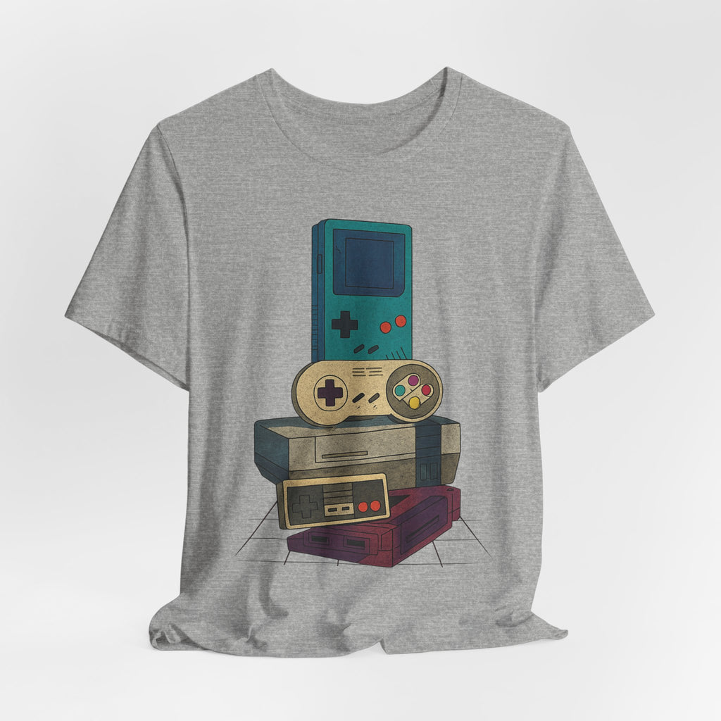 Retro Gaming Stack T-Shirt — Vintage Handheld & Console Graphic Tee