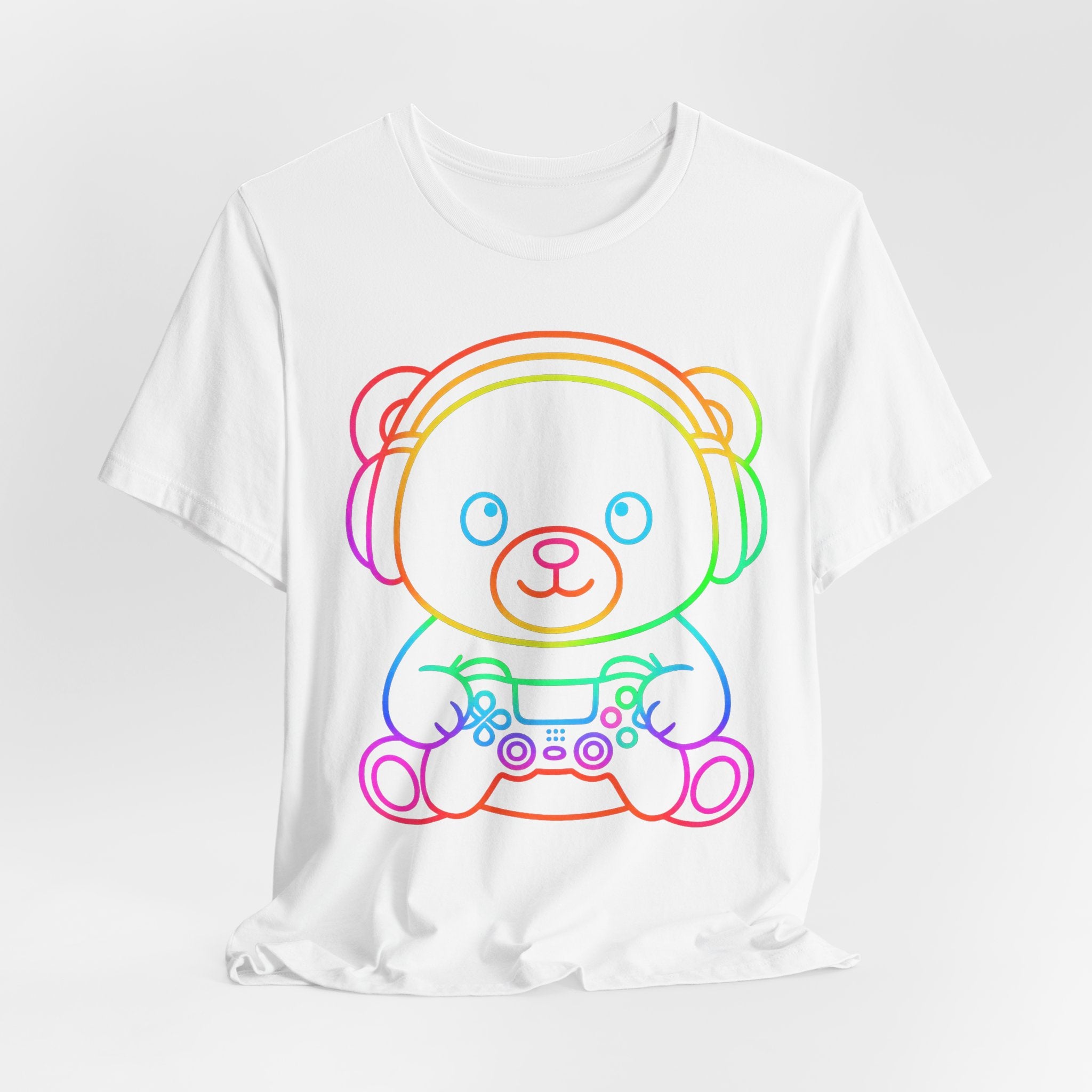 Gaming Bear Graphic Tee — Rainbow Cute Gamer Teddy Shirt